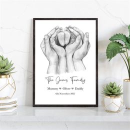 Personalised Birth Custom Poster Kids Room Decor Parents Hands & Baby Feet Canvas Print Painting Born Gift Artwork 220614