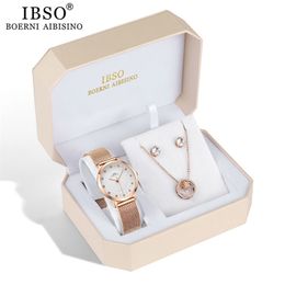 IBSO Brand Women Rose Gold Watch Earring Necklace Set Female Jewelry Set Fashion Creative Crystal Quartz Watch Lady's Gift 201114