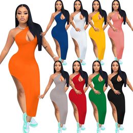 Inclined Shoulder Sexy Bandage Party Dress for Women Hollow Out Side High Split Skinny Fashion Sundress New