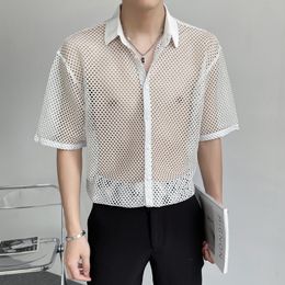 Mens Loose Sexy Mesh Hollowed Shirts 2022 Summer Clothing See Through Fashionable Club Party Wear Transparent Mens Blouse Black