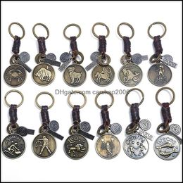 Key Rings Jewelry Zodiac Sign Keychains For Men Women Genuine Real Leather 12 Constellations Vintage Gold Color Metal Alloy Keyring Car Chai