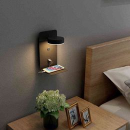 Bedside Wall lamp With Switch USB Interface Black Room Decor Home Interior Wall light AC90-260V lamps For Bedroom Table lampes W220317