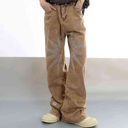 Stars Embroidery Streetwear Mens Denim Pants Straight Harjuku Loose Couple Jeans Pockets Hip Hop Casual Oversized Track Pants T220803