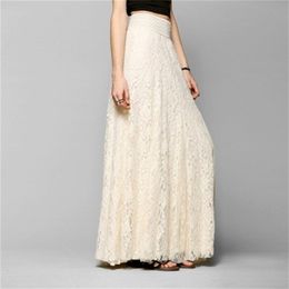 Women Double Lace Layer Chiffon Pleated Long Maxi Skirt Elastic Waist Floral AnkleLength long skirt streetwear PZ1585 220813