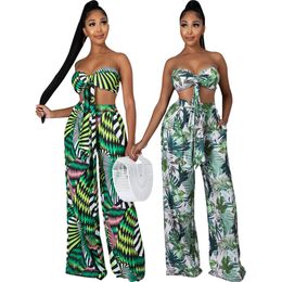 Fashion Women's Two Piece Pants Suits with Hot Digital Leaves Printing stripe sexy Style 2 Pieces tube top Suit Tracksuit Women spring Outfits Woman Clothing 10659