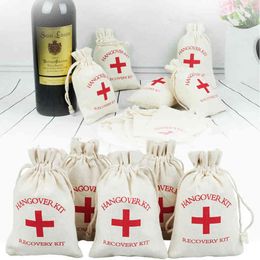 wedding hangover kit Canada - 50 15 Hangover Kit bags wedding Wedding Favor Holder Bag Red Cross Cotton Linen Gift Bags Recovery Event Party Supplier H220429