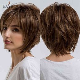 EASIHAIR Short Honey Brown Synthetic Wigs for Women Layered Natural Hair Free Part Daily Wig Heat Resistant 220525