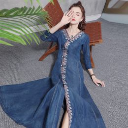 Asian Ethnic clothing long Dress for Women Vintage embroidered cheongsam Oriental Ladies summer gown elegant costume
