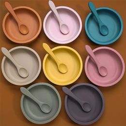 Solid Colour Kids Tableware Set Portable Baby Silicone Plate Bowl Toddler Feeding Sucker Infant Dishs With Silica Gel Spoon LJ201221