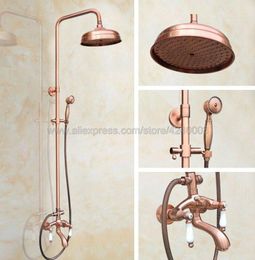 Bathroom Shower Sets Antique Red Copper 8" Rainfall Faucet Set Dual Handle Bath Mixer Taps Wall Mounted Krg561Bathroom