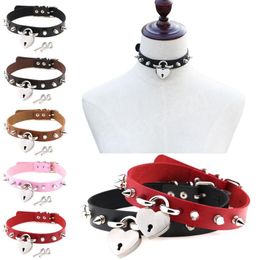 Bondage Spike Can Open Heart Lock with Key Choker Necklaces for Women Gothic Collar Trendy Leather Choker Locket Jewellery Accessories