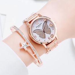 Wristwatches Women Watches Rose Gold Bracelet Set Butterfly Pattern Unique Dial Ladies Wrist Dress Diamond ClockWristwatches