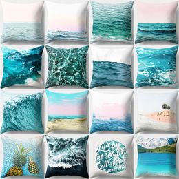 Cushion/Decorative Pillow 45x45cm Summer Blue Ocean Polyester Pillowcase Beach Flower Ink Cushion Cover Geometric Chair Waist Throw Case Hom