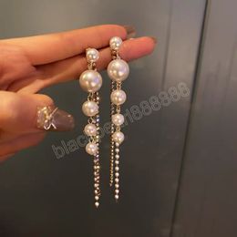 Elegant Temperament Diamond-set Pearl Tassel Long Earrings For Women Korean Fashion Dangle Earring Daily Birthday Party Jewellery Gifts
