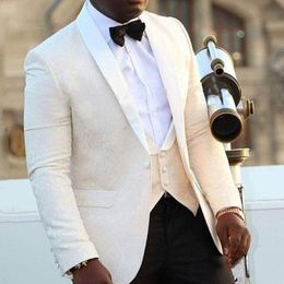 Men's Suits & Blazers Floral Jacquard Wedding Groom Tuxedo With Shawl Lapel 3 Piece African Men Set Jacket Vest Black Pants Man FashionMen's