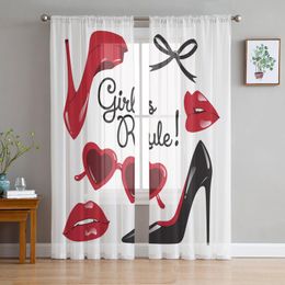 Girls Rule Tulle Sheer Window Curtains: High Heels, Lips & Glasses - Modern Voile Drapes for Living Room & Bedroom