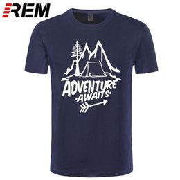 REM Adventure Awaits Letter T-shirt Travel, Pine Tree, Mountains, Tent Printing T-shirt Top Quality Pure Cotton Unisex 220323