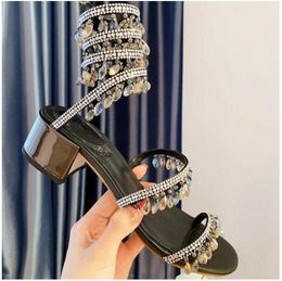shoes Rene caovilla Sandals Luxury Designer Crystal Light Pendant twining foot ring high heeled womens shoes Top quality narrow band Rhinestone 10CM heel Sandal