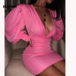 tight fit long sleeve mini dresses UK - Hollow Out Puff Long Sleeve Autumn Mini Dress Women Sexy Deep Vneck Tight Waist Bodycon Dress Ladies Fit Club Wear Party Dress Y200418