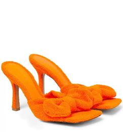 Sandali elasticizzati in morbida spugna Scarpe per donna Pantofole elasticizzate con fiocco in tessuto Punta quadrata Comfort Tacchi alti da passeggio casual EU35-42