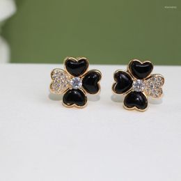Stud Clover Earrings Lucky Grass S925 Sterling Silver Inlaid With Black Agate Beautiful And Generous For PartiesEar StudsStud StudStud Moni2