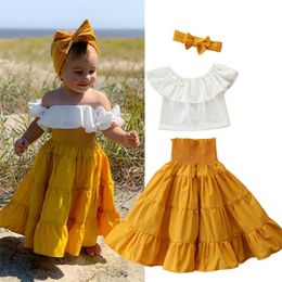 1 7Y Summer Kids Baby Girl White Ruffle T shirt Crop Tops Yellow High Waist Skirt 3PCS Outfits Girls Clothing Set 220620
