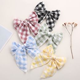 6.2Inch Fable Bows Nylon Headbands Plaid Hair Bows Hair Clips Kid Girls Lace Embroidery Knotbow Hairpins Child Headwear