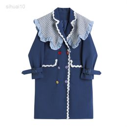 Wool Blue Jacket Women French Lotus Leaf Collar Retro Hit Colour Windbreaker Female Autumn And Winter Long Jacquard Colour Buttons L220725