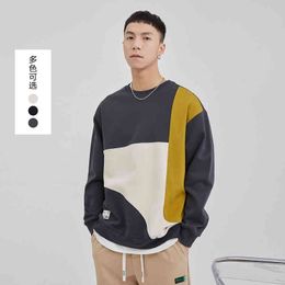 Yizhi Men's Clothing 2022 Spring Korean Version Trend Colour Matching Splicing Couple Round Neck Casual Shirt Long Sleeved Sweater