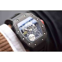 Luxury Mens Mechanics Watches Richa Milles Wristwatch Business Leisure Rm53-02 Automatic Mechanical Black Carbon Fibre Tape Luminous Watch
