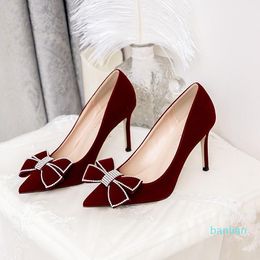 Dress Shoes Delicate Women's Burgundy Red For Wedding Bridal Faux Suede Pumps Woman Stiletto High Heels Crystal Bowknot Tacones MujerDre