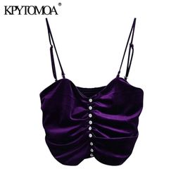 KPYTOMOA Women Sexy Fashion Pleated Velvet Cropped Tank Tops Vintage Back Elastic Removable Straps Female Camis Mujer 210326