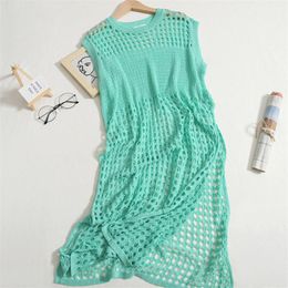 Casual Dresses Summer Designer Hollow Out Crochet Dress Women O-Neck Loose T-Shirt Sleeveless High Split Holiday Beach DressesCasual