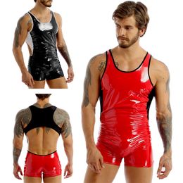 Catsuit Costumes Mens Skin-Tight Leotard Short Bodysuit Colour Block Design U Neck Sleeveless Backless Jumpsuit Wet Look Patent Leather Clubwear