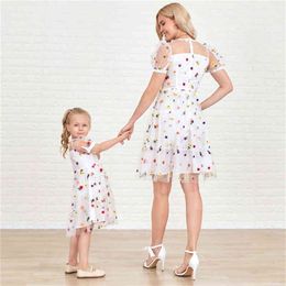 PopReal Mom And Daughter Dress Sweet White Mesh Embroidery O-Neck Puff Sleeve Mom Girl Matching Dress Family Matching Outfits