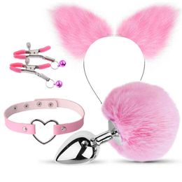 Nxy Sm Bondage Fox Tail Anal Plug Bdsm Butt Nipple Clamps Hairpin Collar Set Sm Adult Games Flirting Sex Toys for Woman Couples Cosplay 220423