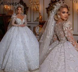 Luxury Dubai Arabic Royal Ball Gown Wedding Dresses With Long Sleeves Sparkly Sequined Embroidery Lace Puffy Princess Middle East Moroccan Bridal Gowns CL0734