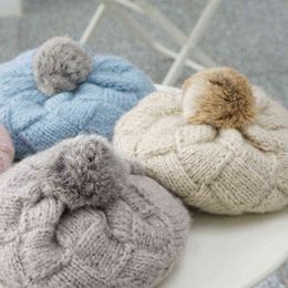 New Women Cute All-Match Rabbit Fur Ball Beret Knitted Wool Hat Female Autumn And Winter Thickened Heat Japanese painter Ha J220722