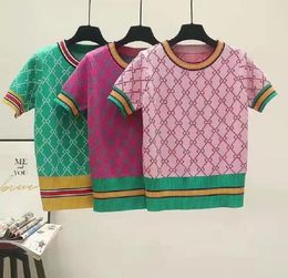Женские трикотажные футболки, цветные жаккардовые футболки с короткими рукавами и цветочным принтом, женский свитер, топы, шикарная футболка высокого качества, 22GG