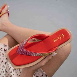 Flip Flop Sandals Women Plus Size Solid Color Random Flat Sandals For Women Summer Rhinestone Beach Female Flats J220716