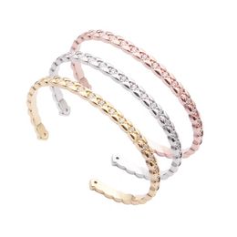 Europe America Fashion Bangle Lady Women Stainless Steel 18K Gold Plated Setting Diamond Engraved Plaid Open Narrow Bracelet