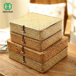 WHISM Rattan Wicker Storage Boxes Handmade Storage Container Jewellery Storage Box Cosmetic Organiser with Lid Woven Seagrass Case T200602