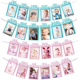 Party Decoration Months Po Frame Banner 1st Happy Birthday Decorations First Baby Boy Girl My 1 One Year Supplies Blue Pink SilverParty