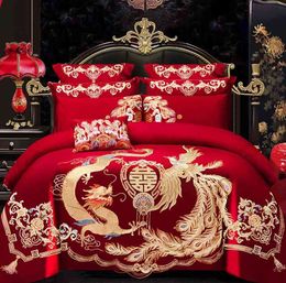 4/6pcs Luxury Loong Phoenix Embroidery Red Duvet Cover Bed Sheet Cotton Chinese Style Wedding Cover Ding Set Home Textile