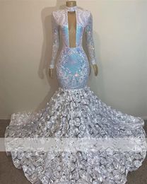 Sparkly White Sequins Mermaid Prom Dress For Black Girls High Neck Ruffles Aso Ebi Birthday Party Gowns Robe De Bal Custom