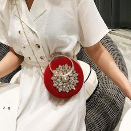 Evening Bags Luxury Design Diamond Flowers Round Bag Red Black Velour Clutch Purse Wedding Bride Party Hand Chain Shoulder PurseEvening