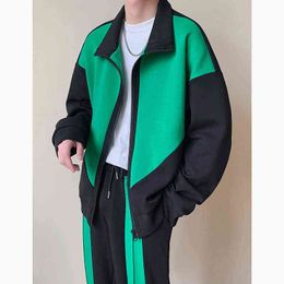 2022 Men's Loose Green Colour Matching Coats Fashion Trend Jackets Top Casual Pants Nice Sweatpants Zipper Outerwear Mens Sets T220802