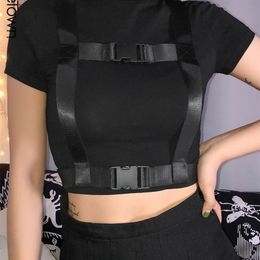 Sweetown Black Gothic Sexy Women Basic Tshirt Short Sleeve Techwear O-Neck Tee Shirt Femme Summer Crop Tops With Buckle Ribbon 220407