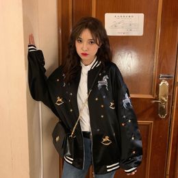 women jacket coat Loose embroidered baseball uniform short jacket female bf Harajuku style bomber jacket Zipper Streetwear 201029