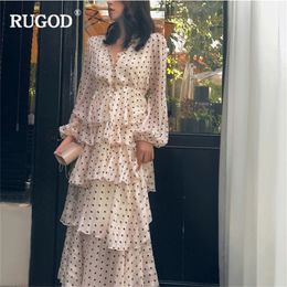 RUGOD Elegant cascading ruffle dress women temperament gold line long sleeve party dress casual dot print bohemian beige dress T200416